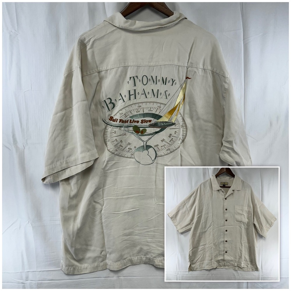 Tommy Bahama Button Camp Shirt Mens XL Beige Silk Sail Fast Live Slow Embroidery
